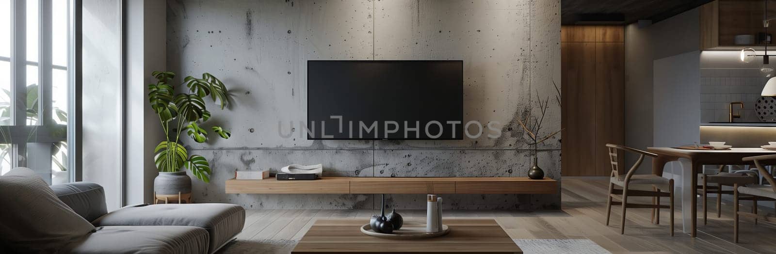 The living room in this house features a hardwood flooring with a couch, table, and television mounted on the wall. Cabinetry and a plant add to the cozy atmosphere