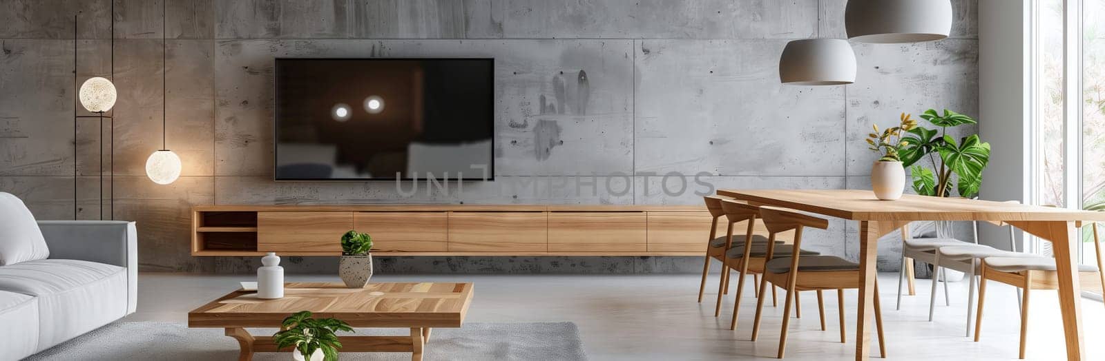 A cozy living room in a house with hardwood flooring, featuring a couch, table, chairs, and a television. The ceiling adorned with beautiful art