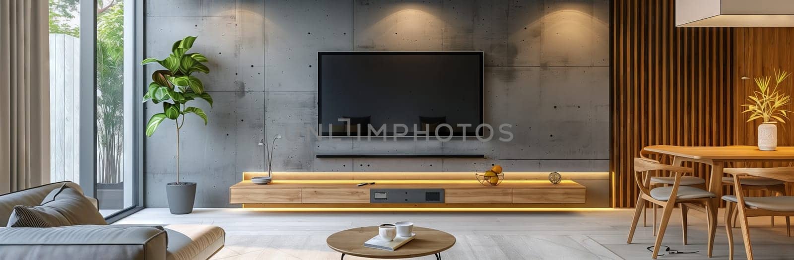 Living room with couch, table, chairs, flat screen TV by richwolf