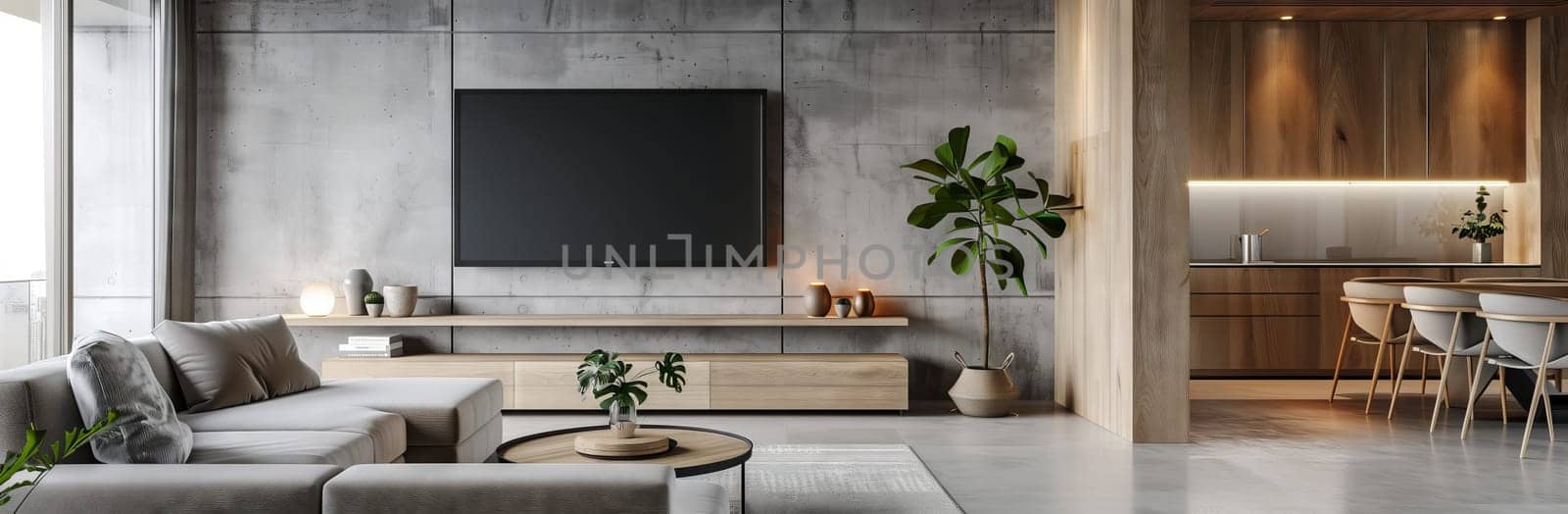 A cozy living room in a house with a couch and a flat screen TV mounted on the wall. The room features hardwood flooring and a large window with a view of the garden