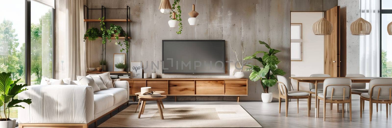 A cozy living room with a plush couch, wooden table, stylish chairs, and a sleek television. The room is adorned with a potted plant, creating a warm and inviting atmosphere