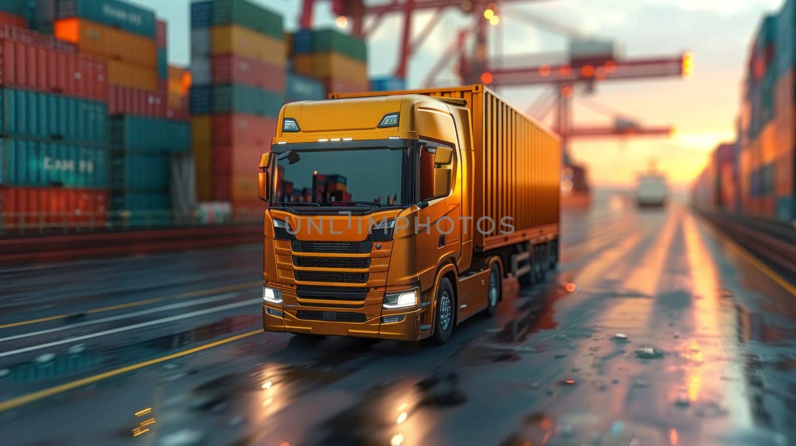 A red semi truck is driving down a wet road in front of a large container yard.