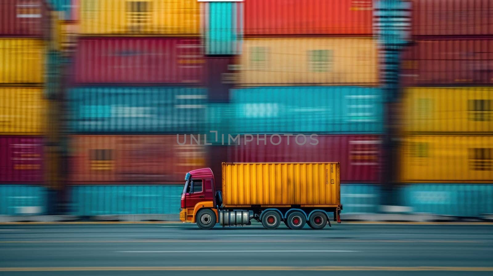 A red semi truck is driving down a wet road in front of a large container yard.