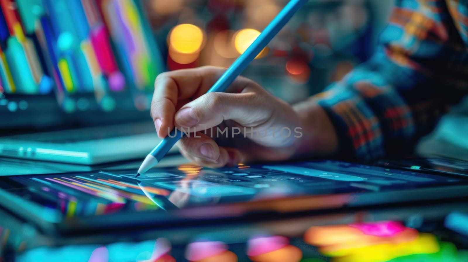 Graphic designer working on a digital tablet, close up on the stylus and screen..