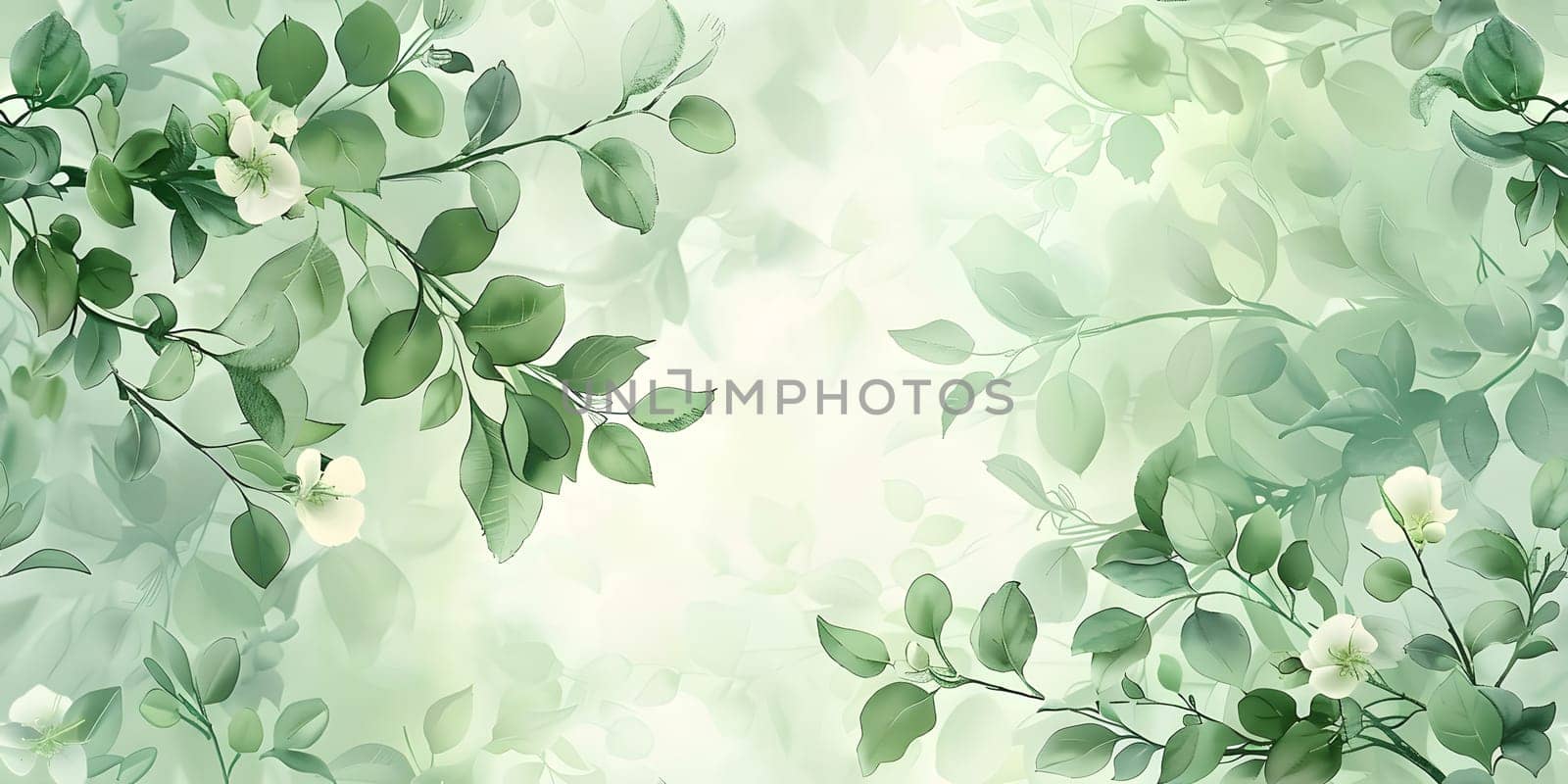 A beautiful painting of a terrestrial plant with green leaves, white flowers, and a delicate twig. The intricate patterns of the leaves and flowers create a captivating artwork