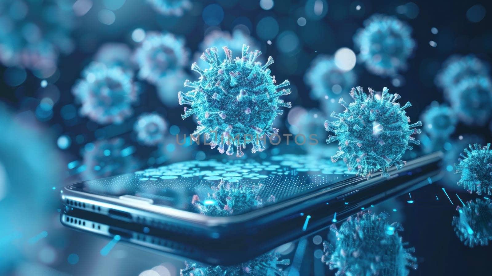 A cell phone is covered in virus and bacteria..