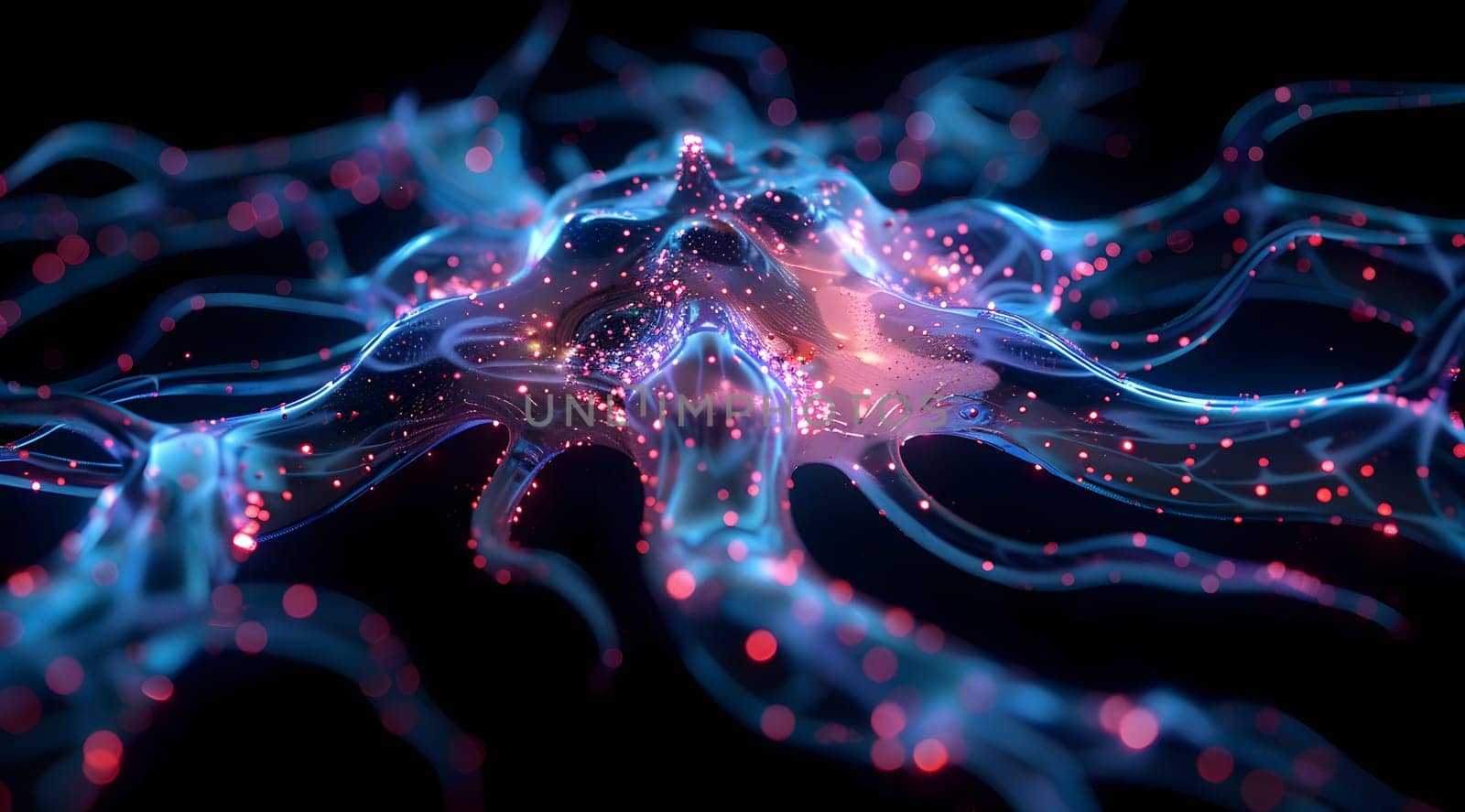 An artistic rendering of a brain cell with vibrant red and blue lights, resembling a liquid galaxy in shades of magenta and electric blue, floating in a purple sky