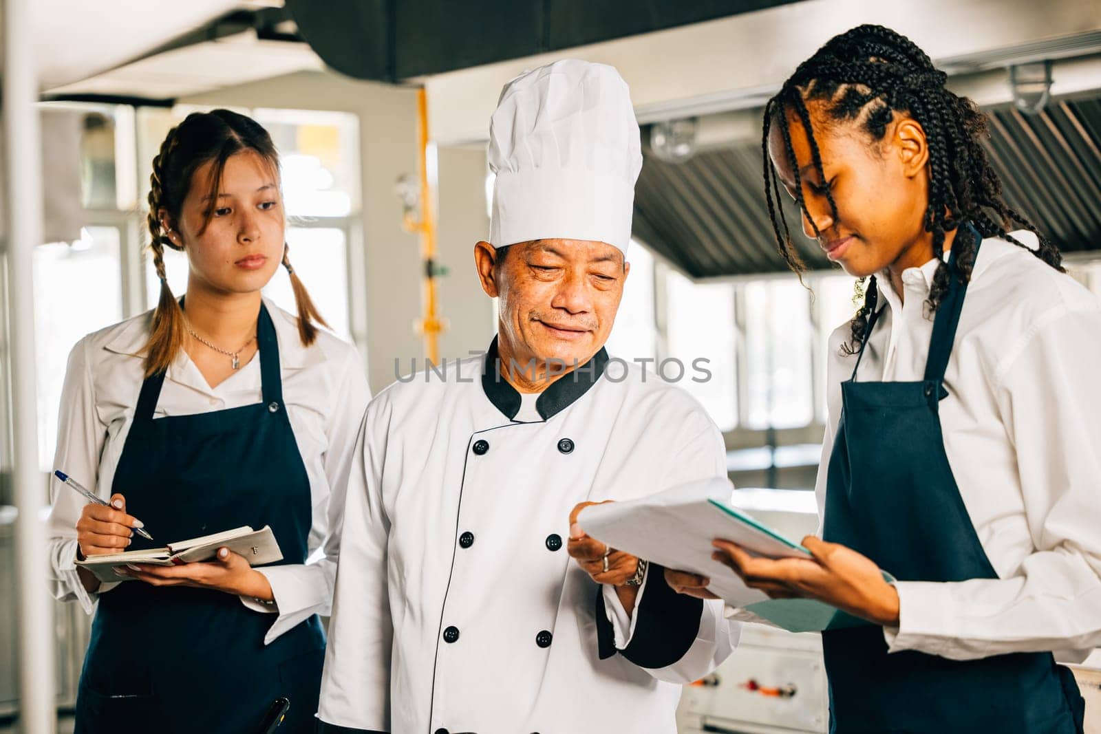 Asian senior chef educates multiracial students in a restaurant kitchen. Emphasizing teamwork learning and note-taking. Professional training in progress. Food Edocation