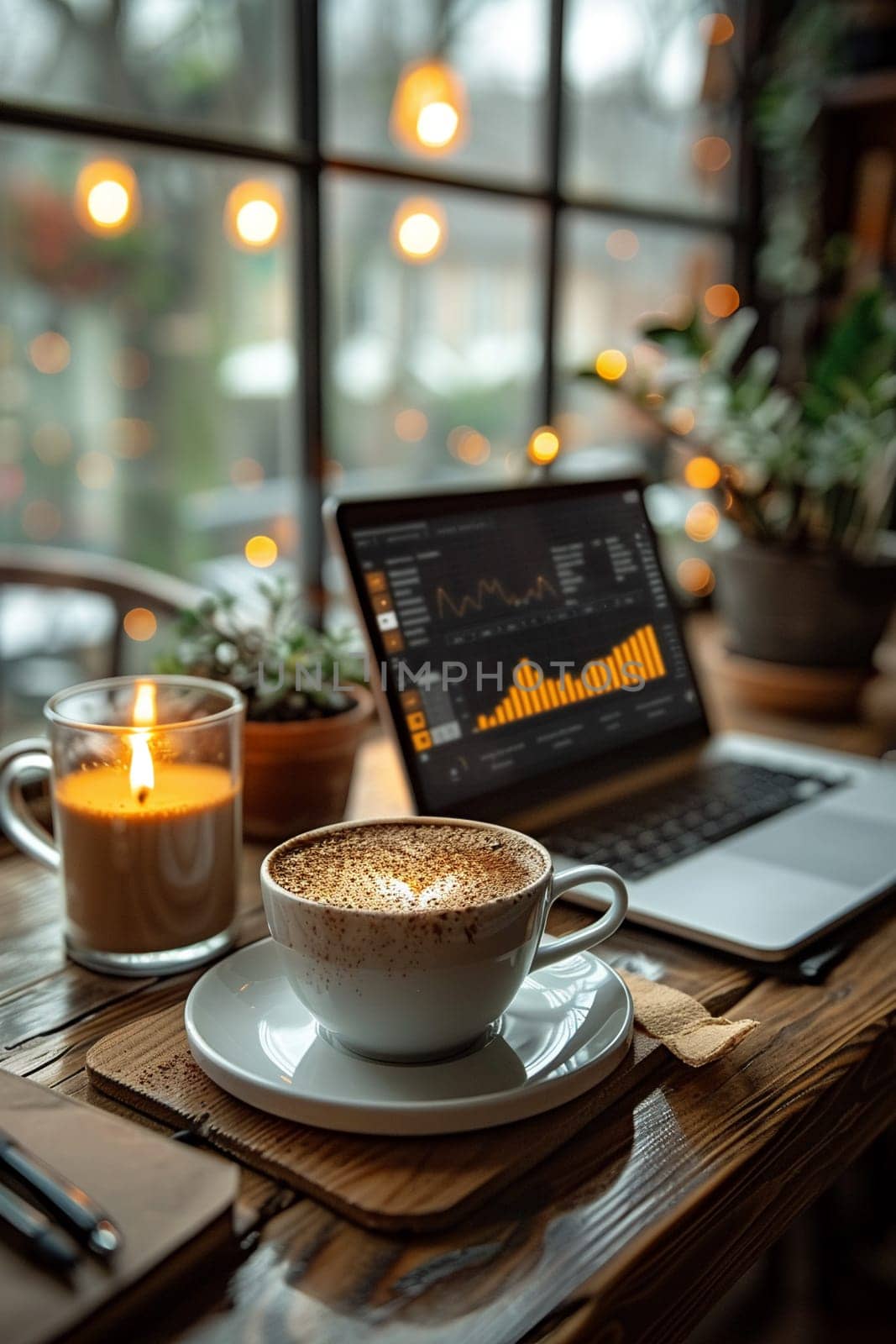 Laptop, coffee, notepad on minimalist desk setup, representing remote work.