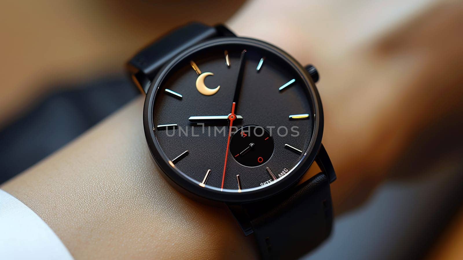 Stylish wristwatch with minimalist design, suggesting fashion and punctuality.