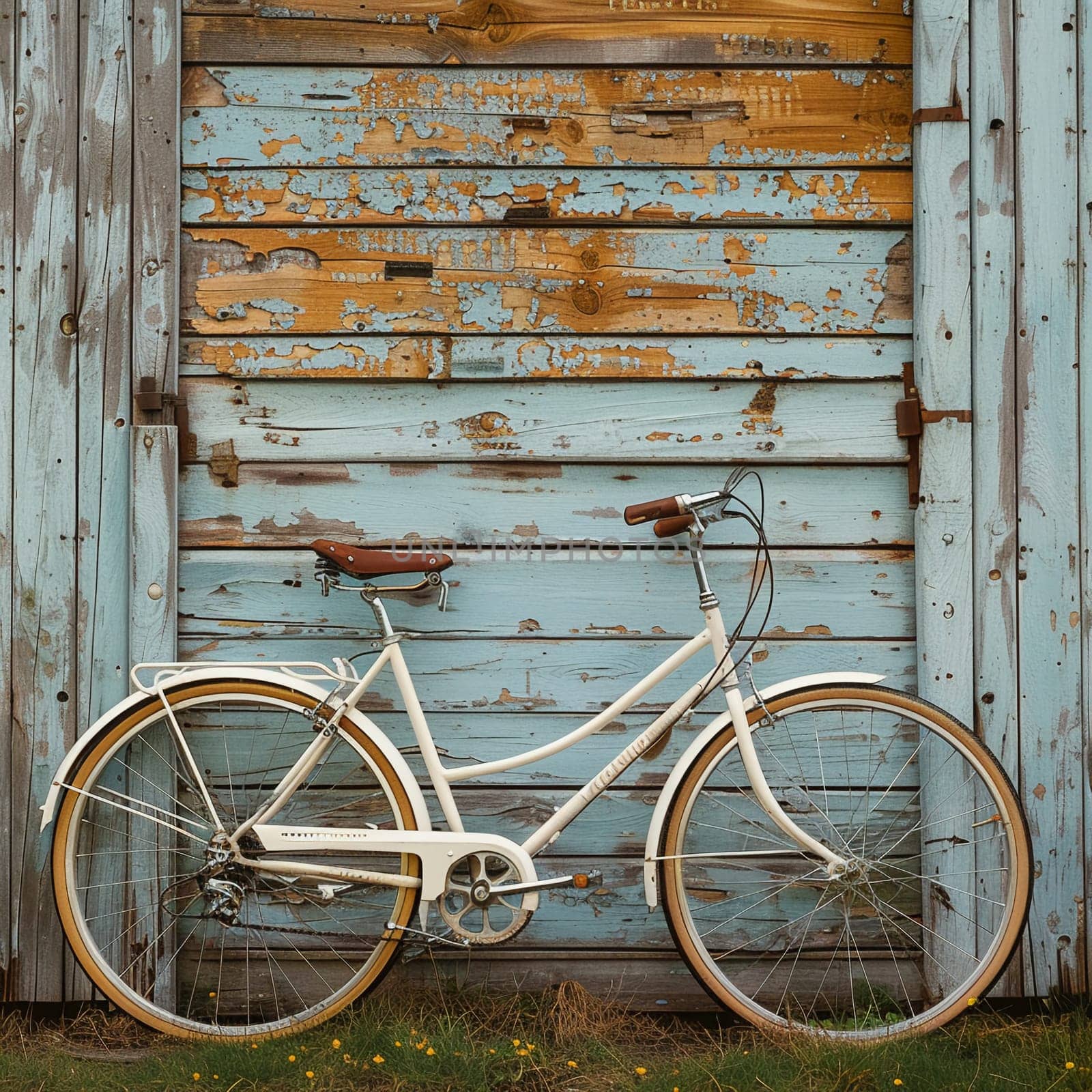 Bicycle leaning against rustic wall, conveying eco-friendly transportation and leisure.