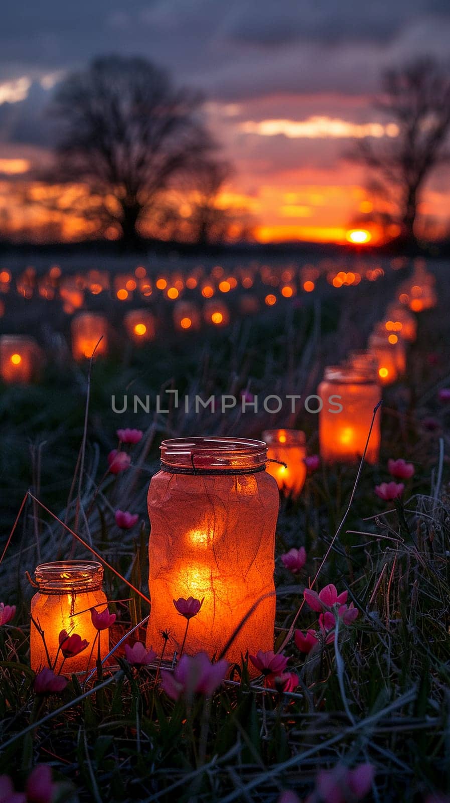 Field of solar lights or lanterns illuminating at dusk by Benzoix
