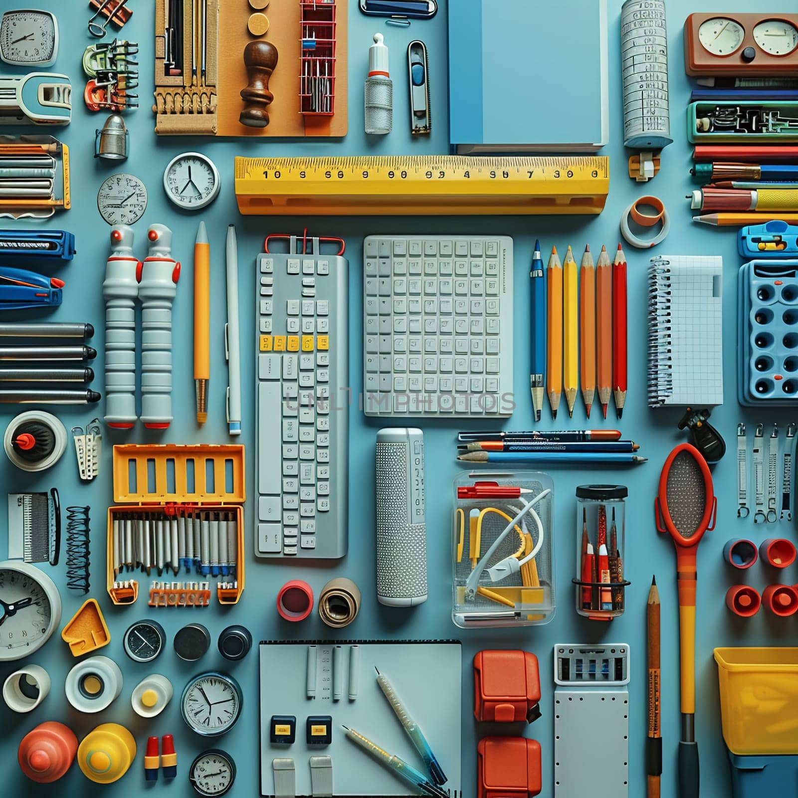 Image of neatly arranged office supplies, representing organization and business.