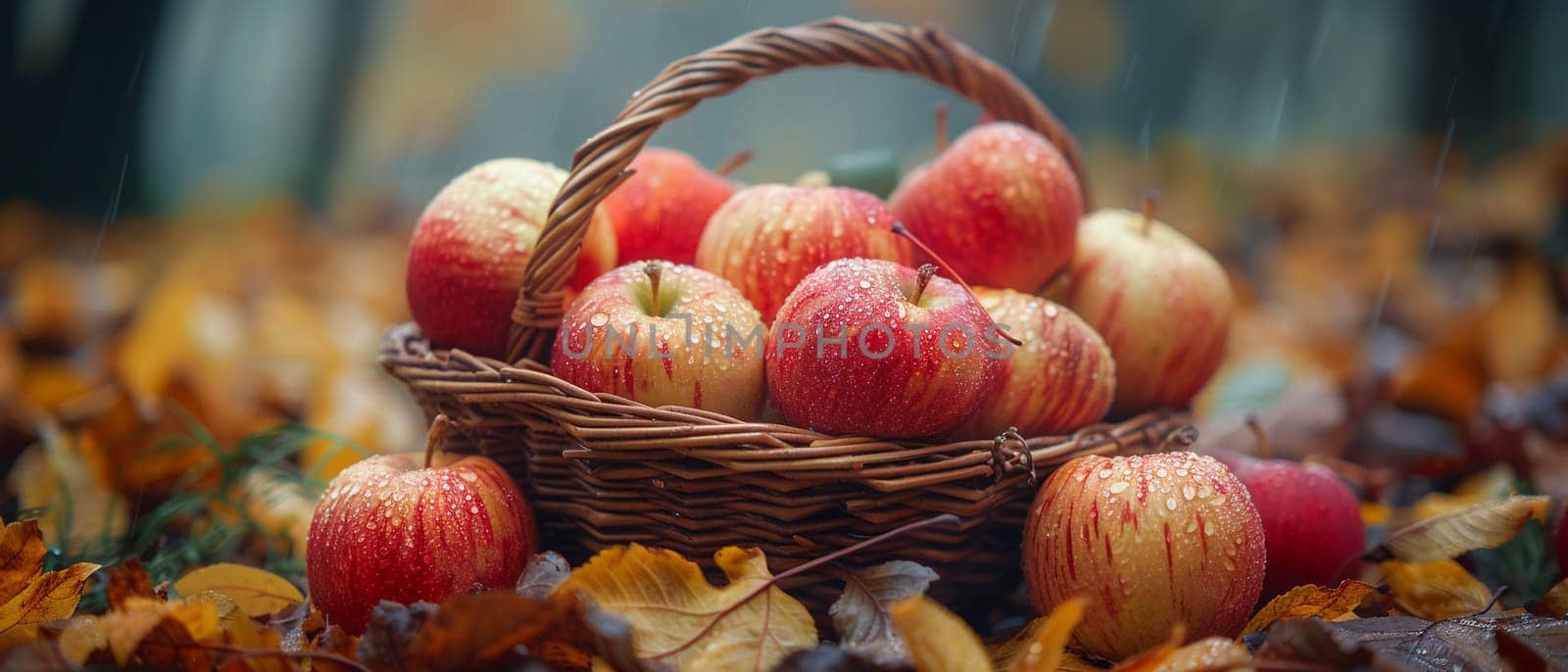 Basket full of freshly picked apples, representing harvest and agriculture.