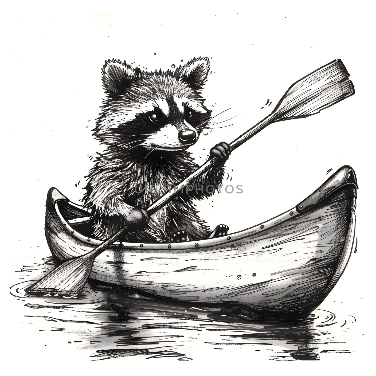 An illustration of a raccoon rowing a canoe in the monochrome water, with its whiskers gently flowing in the wind. A beautiful art piece
