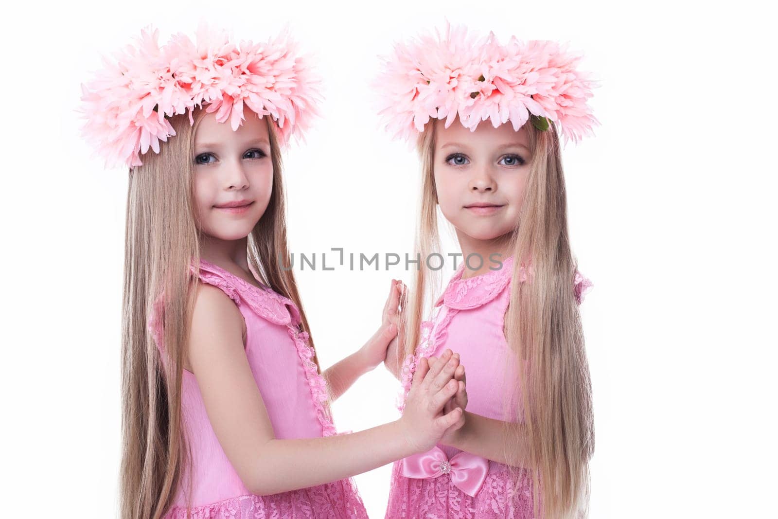 Two beautiful little girls in pink dresses. Isolated on white