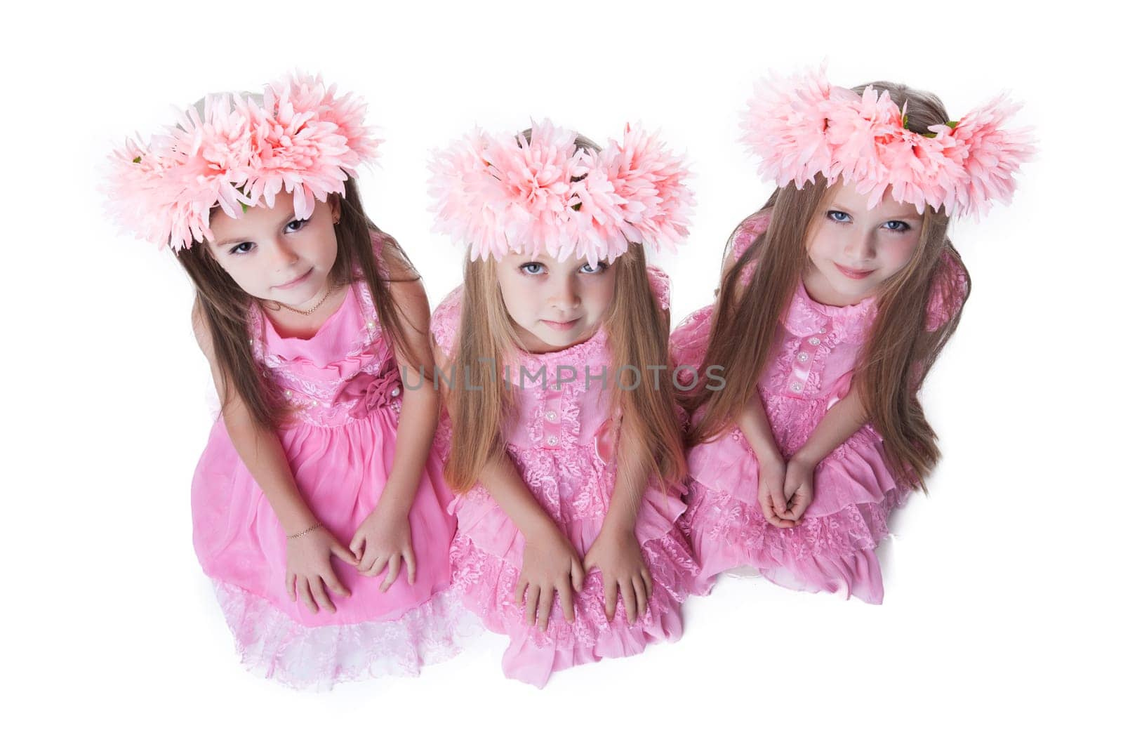 Three beautiful little girls with pink wreaths. Isolated on white