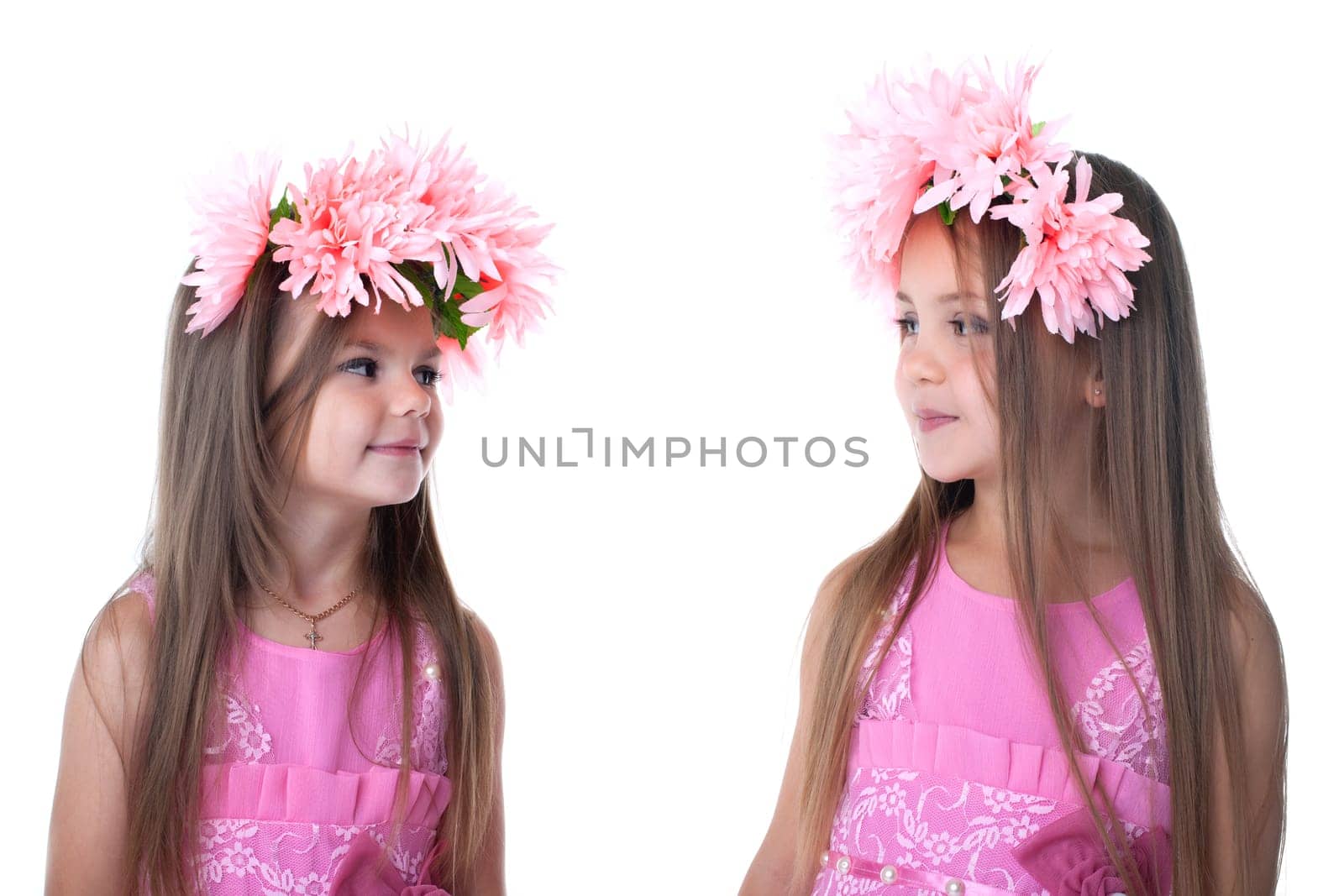 Two little girls in pink dresses. Isolated on white