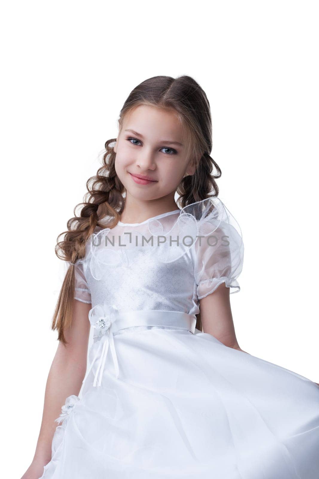 small beauty child posing in white dress Isolated on white