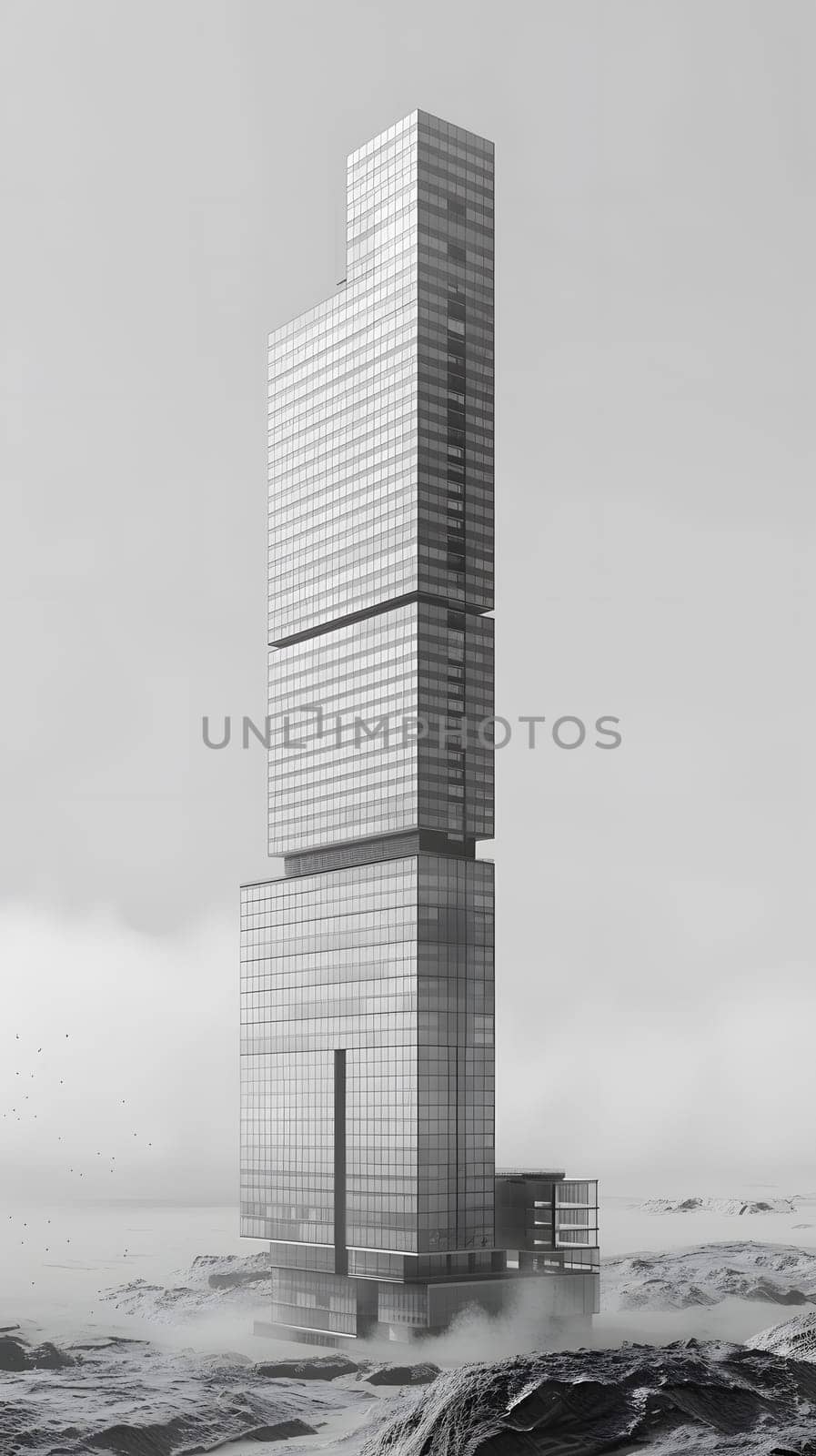A striking black and white photo of a skyscraper standing tall in the middle of the ocean, surrounded by water and under a clear sky