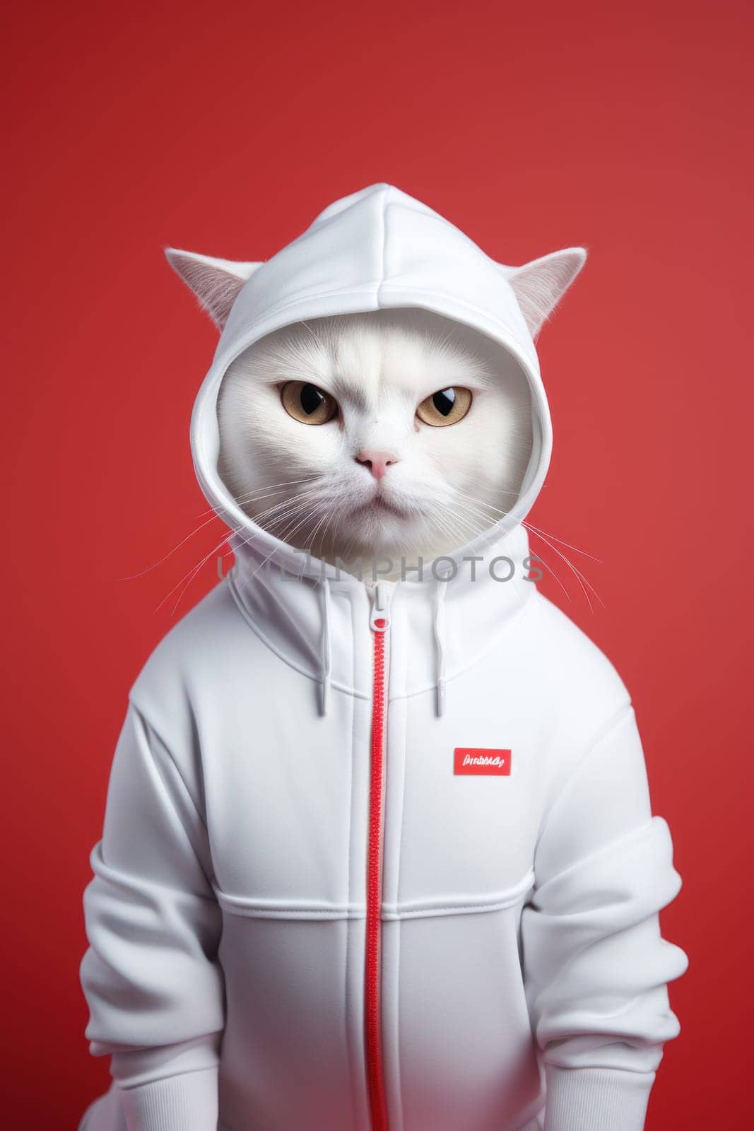 cat wearing white hoodie sweatshirt modern fashion clothed . AI generative.