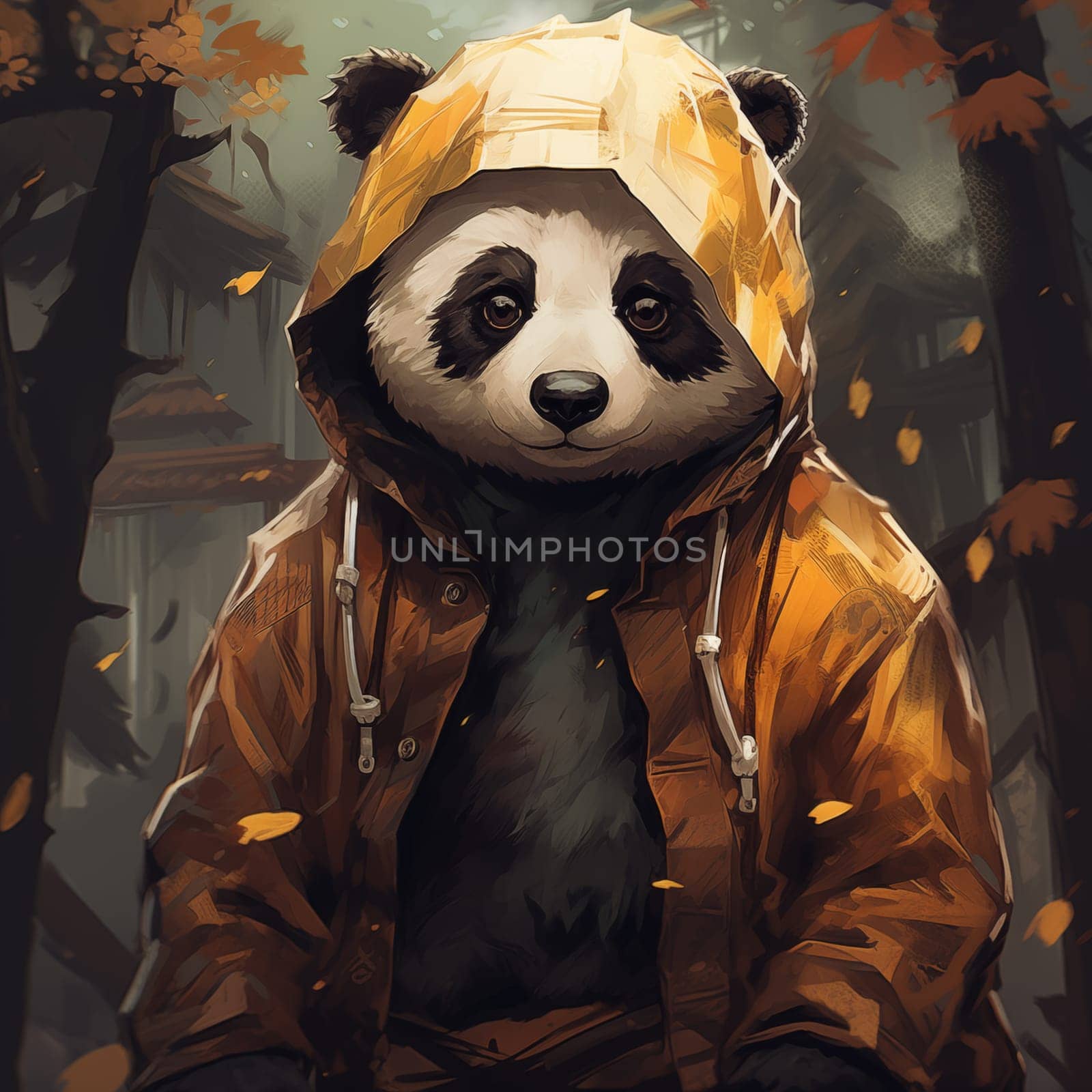 Illustration of a Panda in Yellow Raincoat. Dark Autumn Forest on Background.