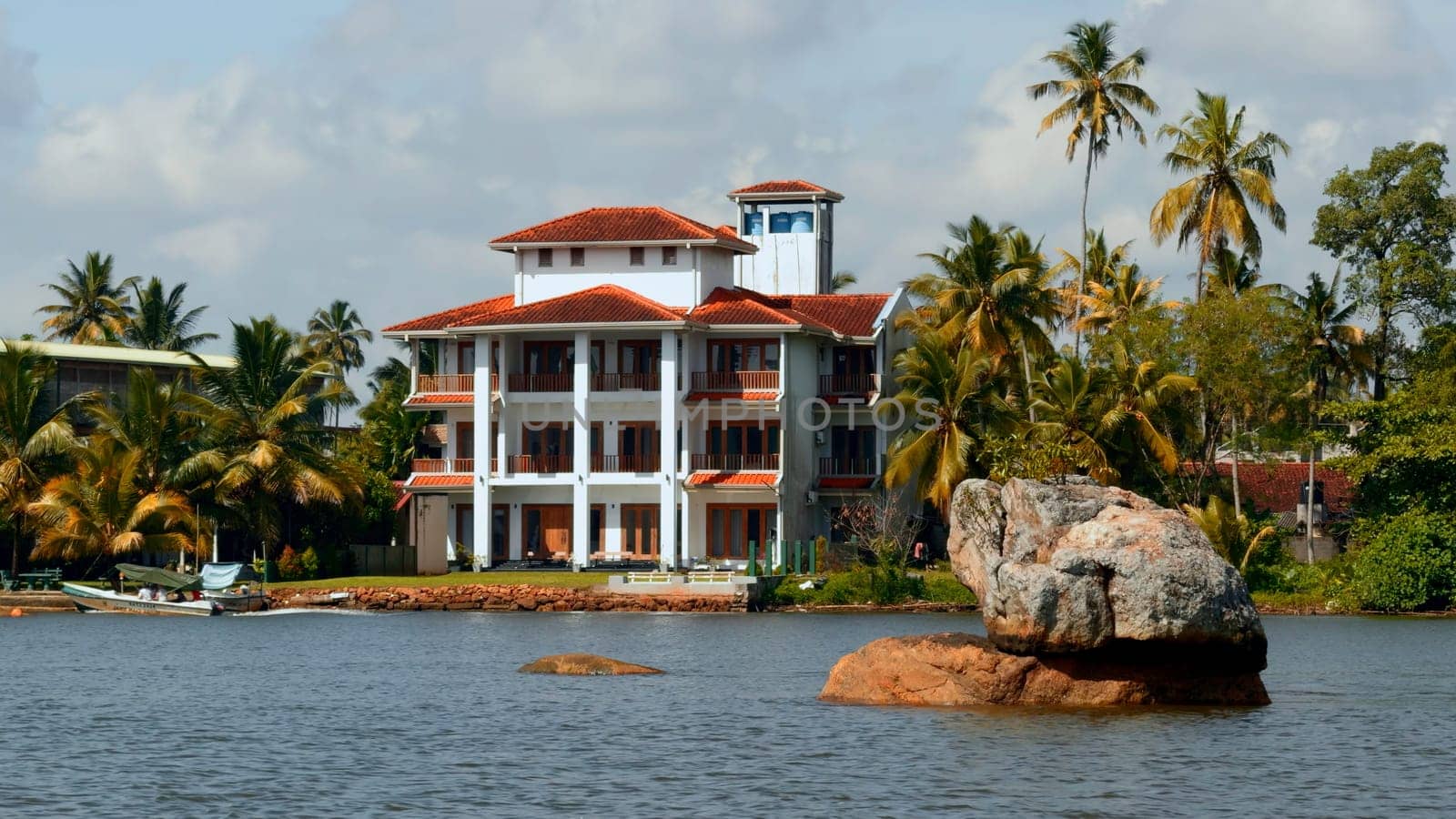 The view of mansion on the shore with palm trees. Action. Living at the sea shore with green vegetation