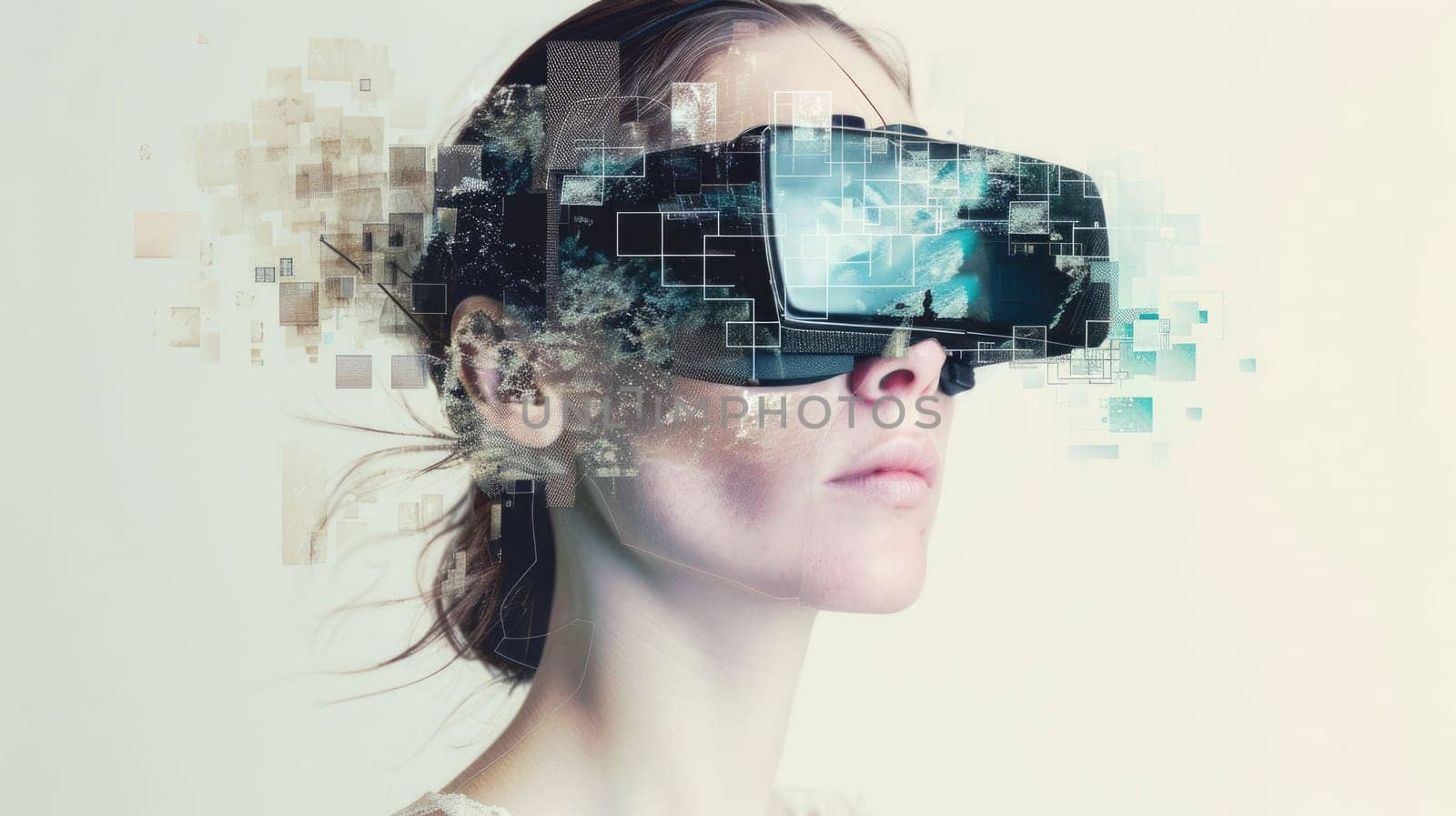 A woman wearing VR glasses depicting virtual reality technology AIGX04 by biancoblue