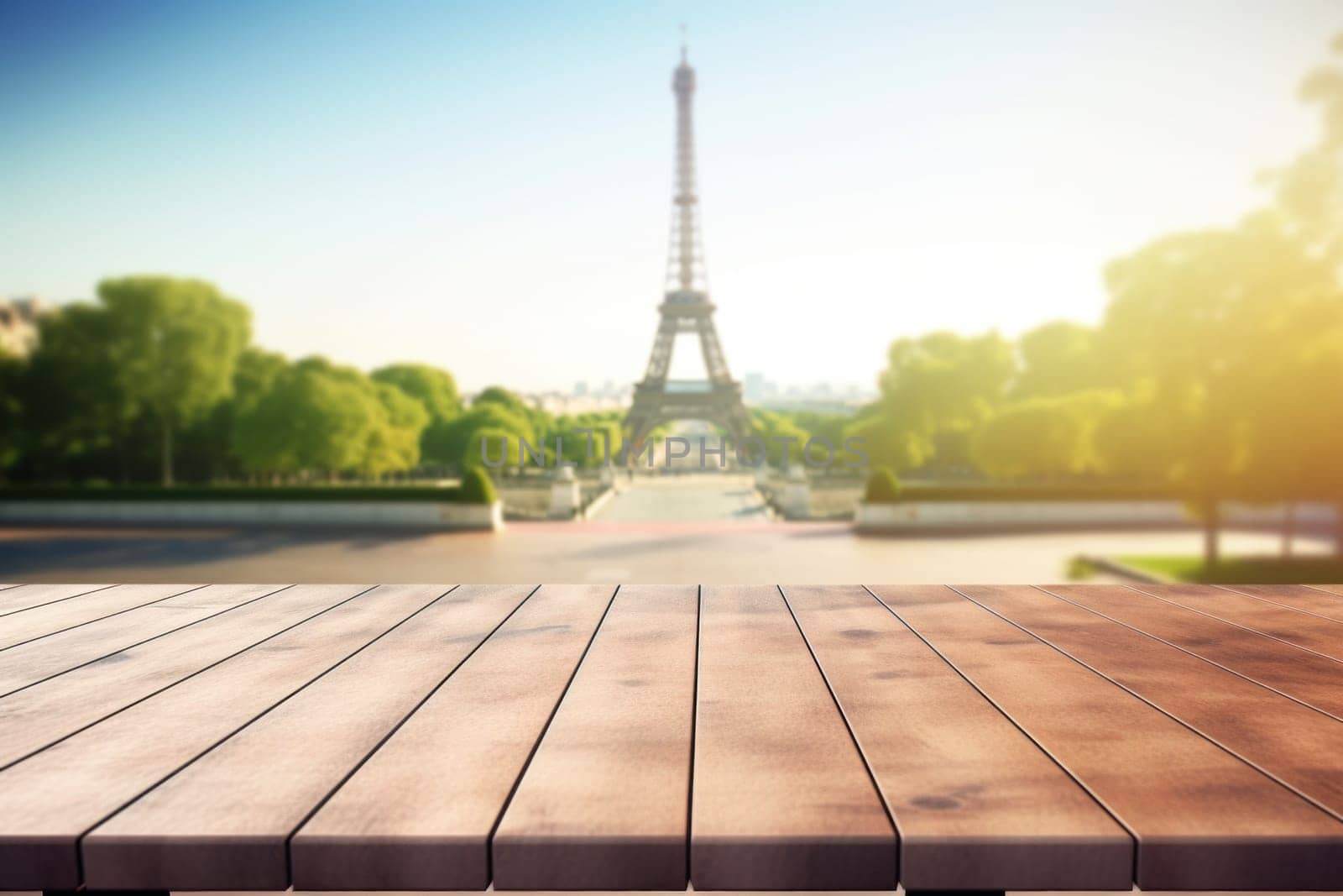 Wood table mockup with Eifel tower. Copy space for product. Generative AI by matamnad