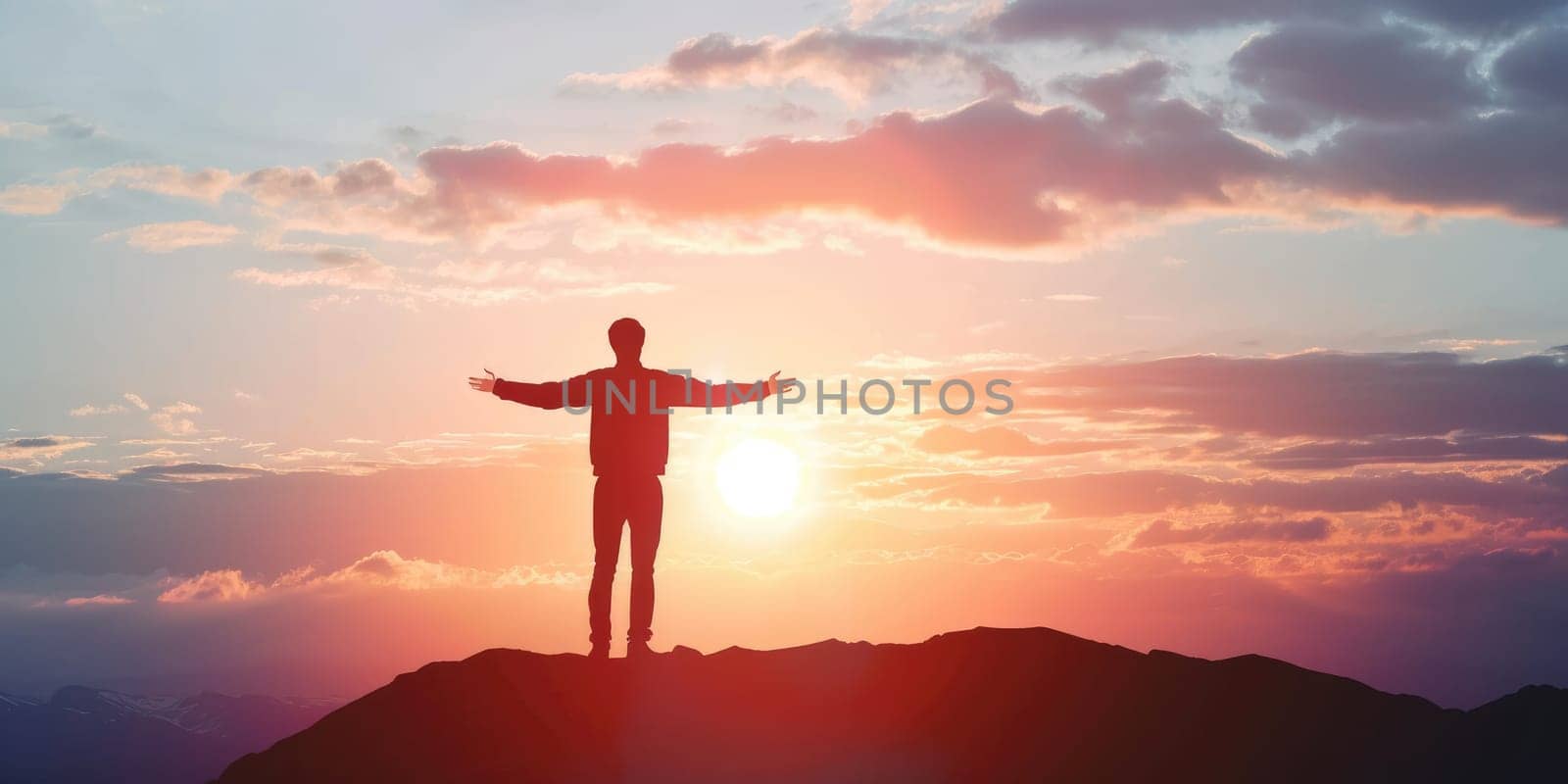 successful man celebrate his victory in sunset pragma