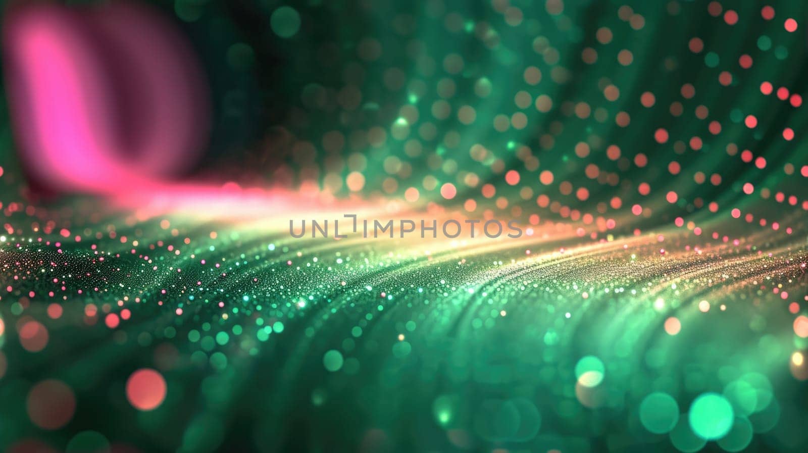 The green pink hologram abstract picture in form of the brightly glittering wave that seems like liquid yet looks solid at the same time and also bright with the source of the light of itself. AIGX01.