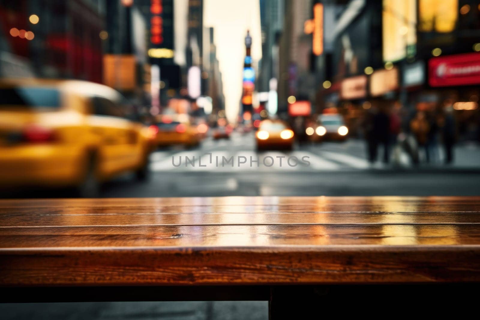 Wood table mockup with New York city street. Copy space for product. Generative AI by matamnad