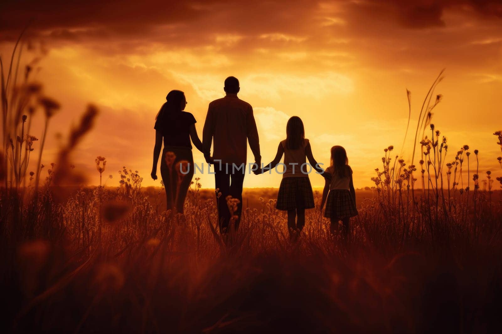Happy family at sunset, Father, Mother and children. Generative AI by matamnad