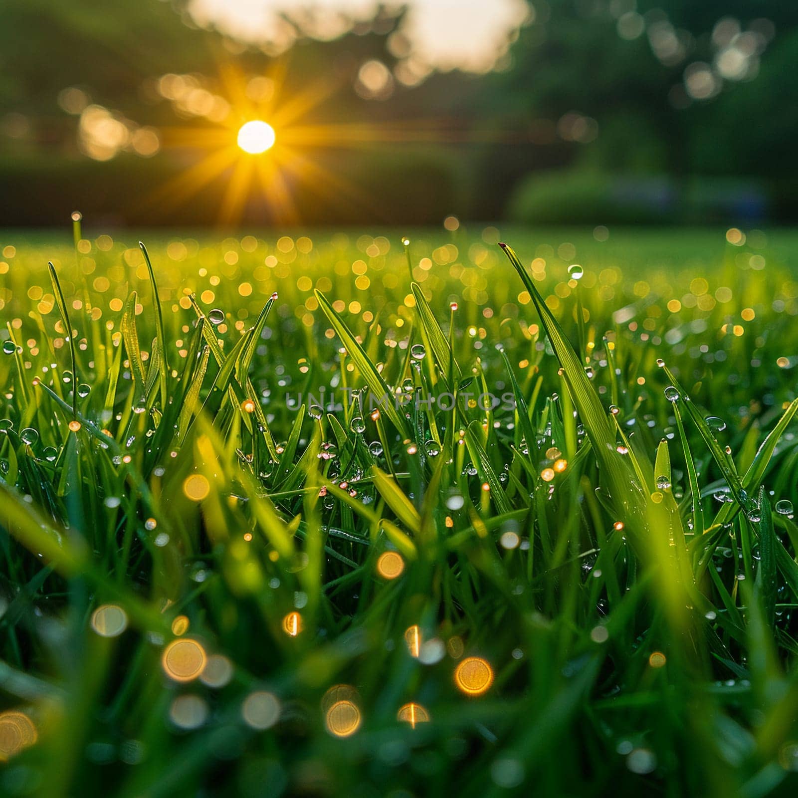 Fresh dew on vibrant green grass at sunrise, symbolizing new beginnings.