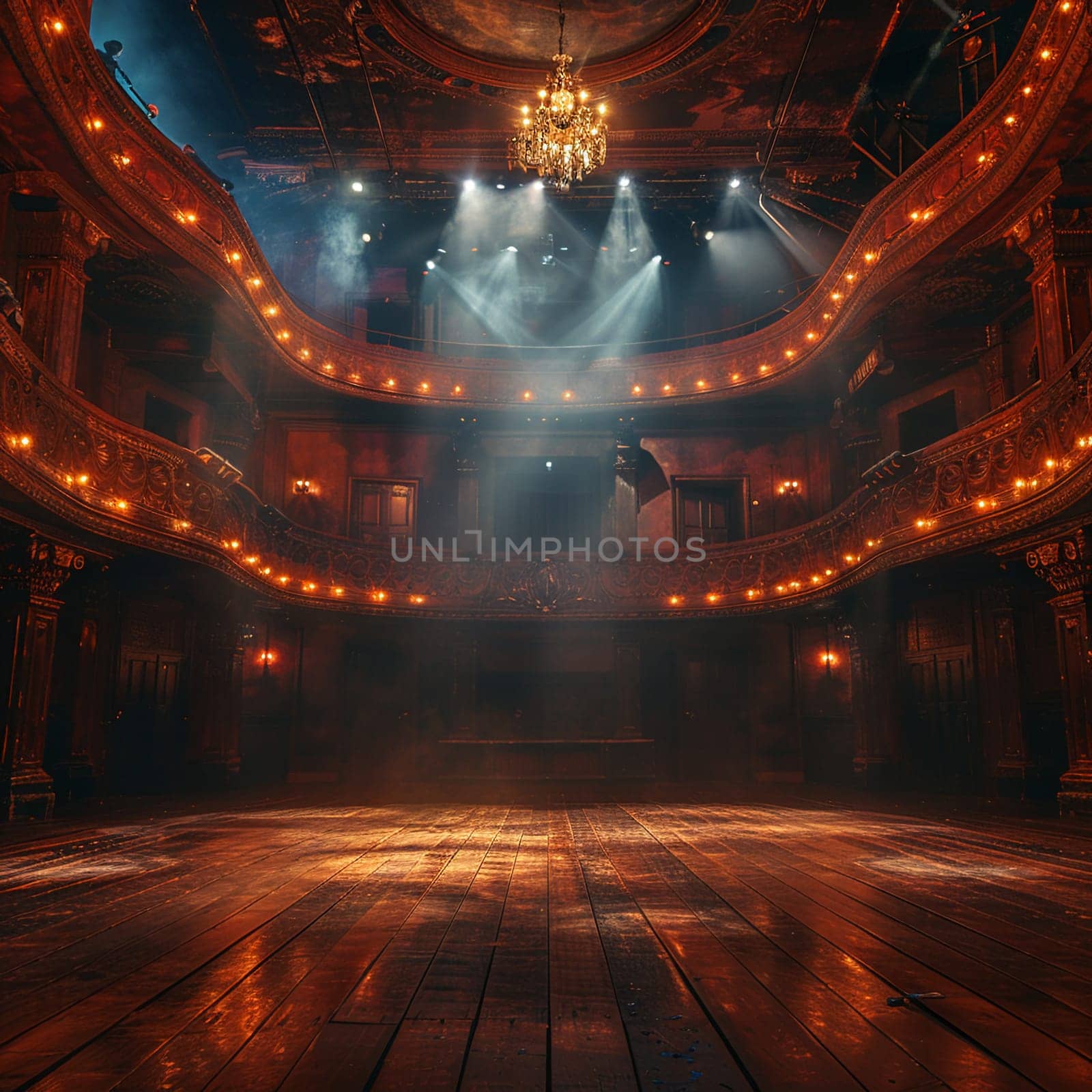 Empty theater stage with dramatic lighting, representing performance and drama.