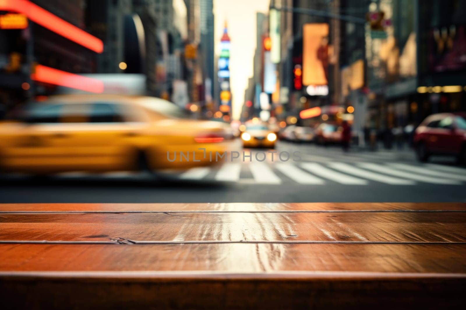 Wood table mockup with New York city street. Copy space for product. Generative AI by matamnad