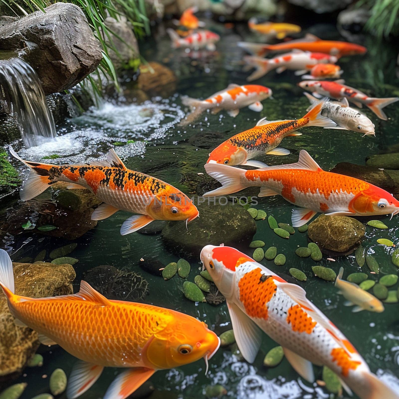 Serene koi pond with vibrant fish, symbolizing tranquility and prosperity.