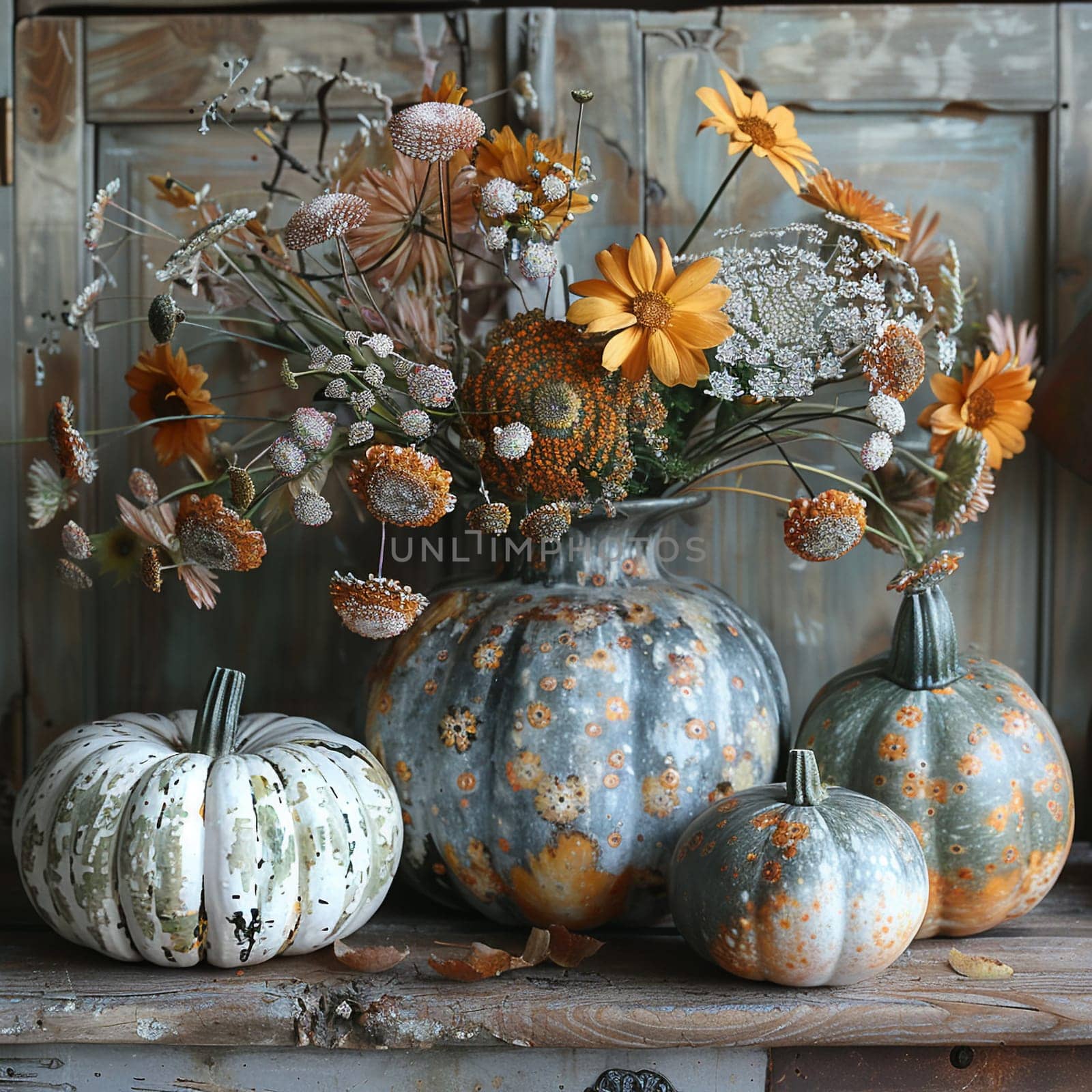 Autumn pumpkin arrangement on a rustic wooden table, evoking fall harvest.