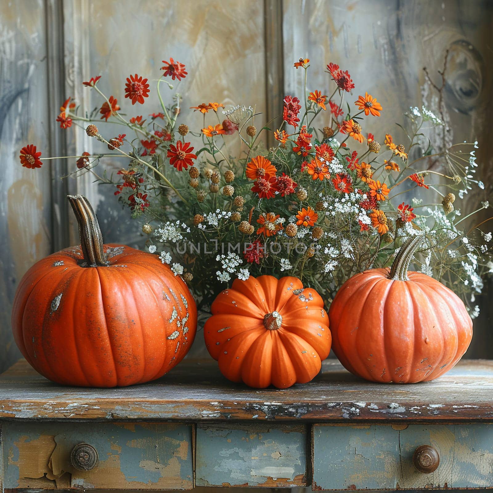 Autumn pumpkin arrangement on a rustic wooden table, evoking fall harvest.