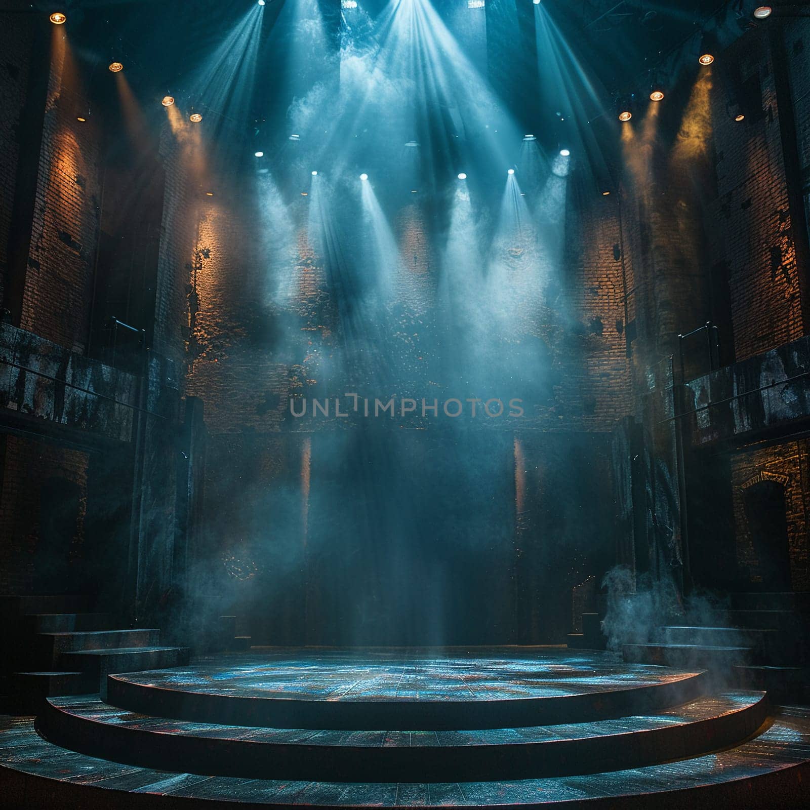 Empty theater stage with dramatic lighting, representing performance and drama.