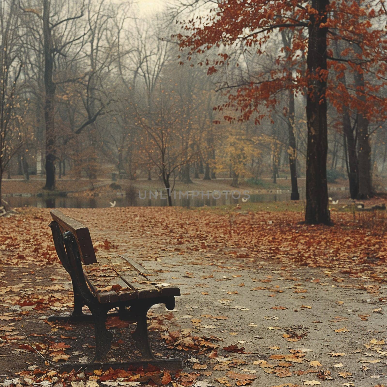 Lonely bench in autumn park, evoking solitude and change.