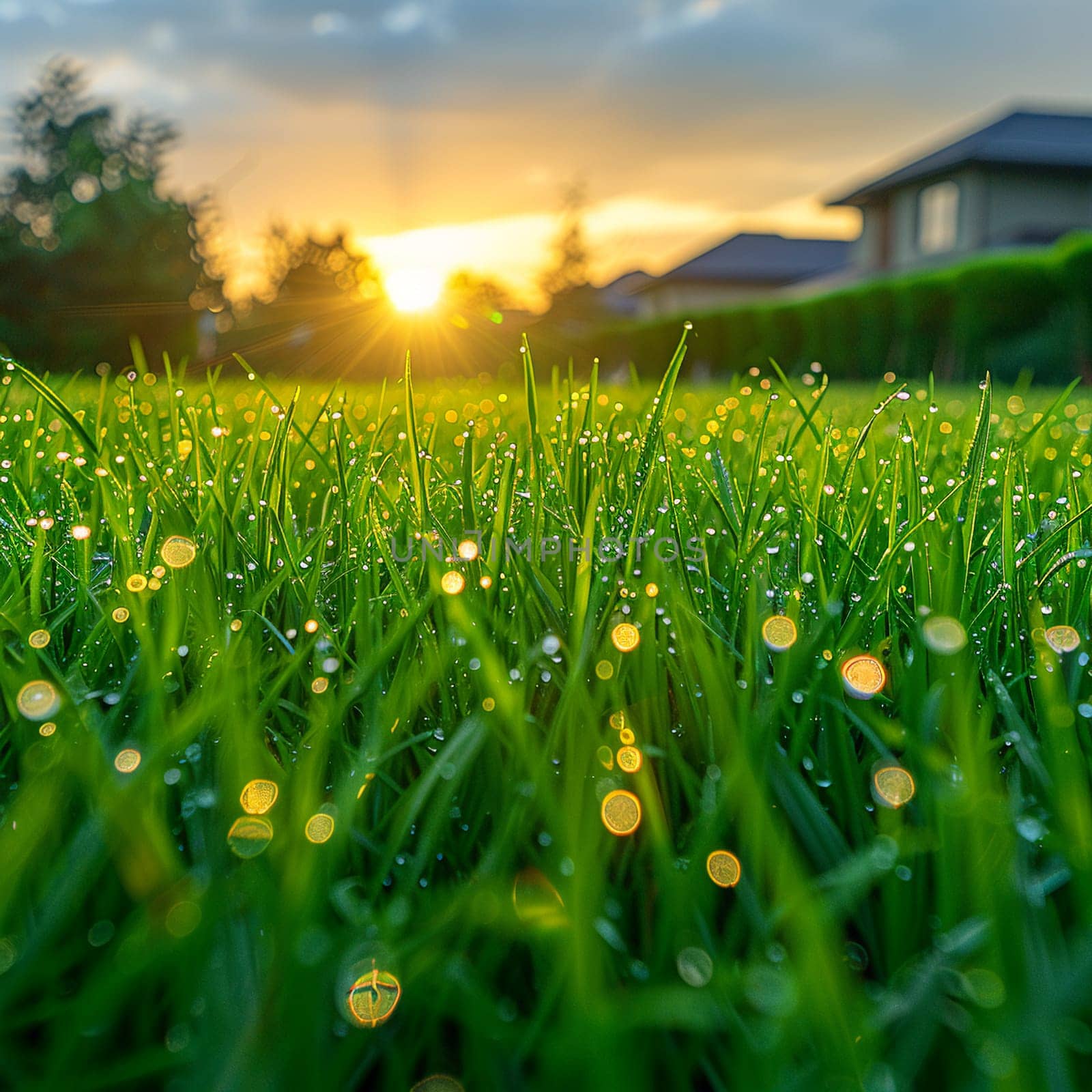 Fresh dew on vibrant green grass at sunrise, symbolizing new beginnings.