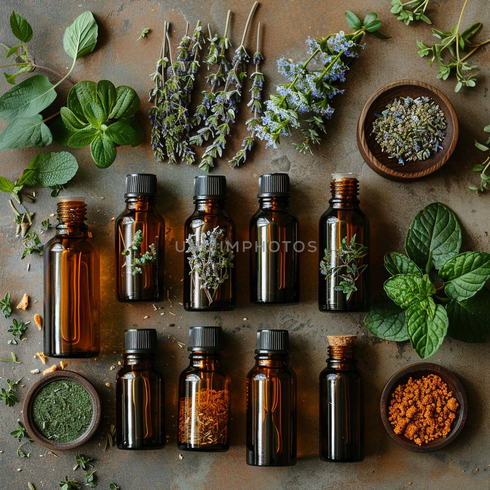 Collection of essential oils and aromatherapy diffusers, denoting wellness and self-care.