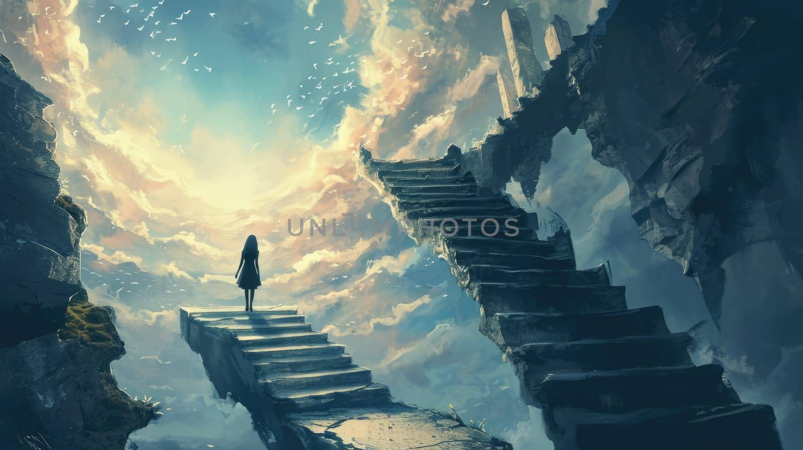 The picture of the young or adult female human doing the walking pose or the standing pose at the stair for exploration the fantasy space that shine with the bright light from sun in daytime. AIGX03.