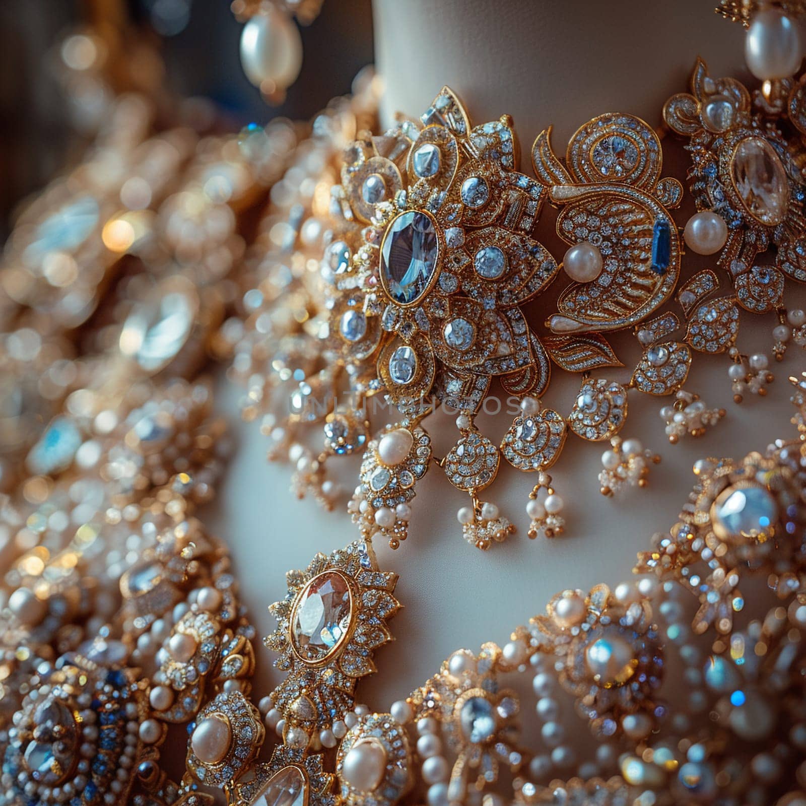 Close-up of intricate jewelry, symbolizing luxury and fashion.