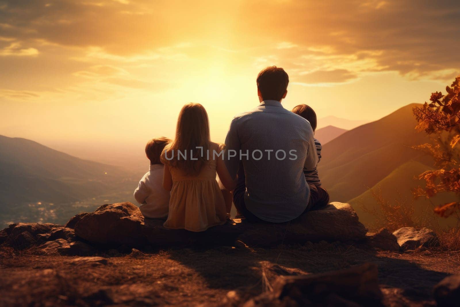 Happy family at sunset, Father, Mother and children. Generative AI.