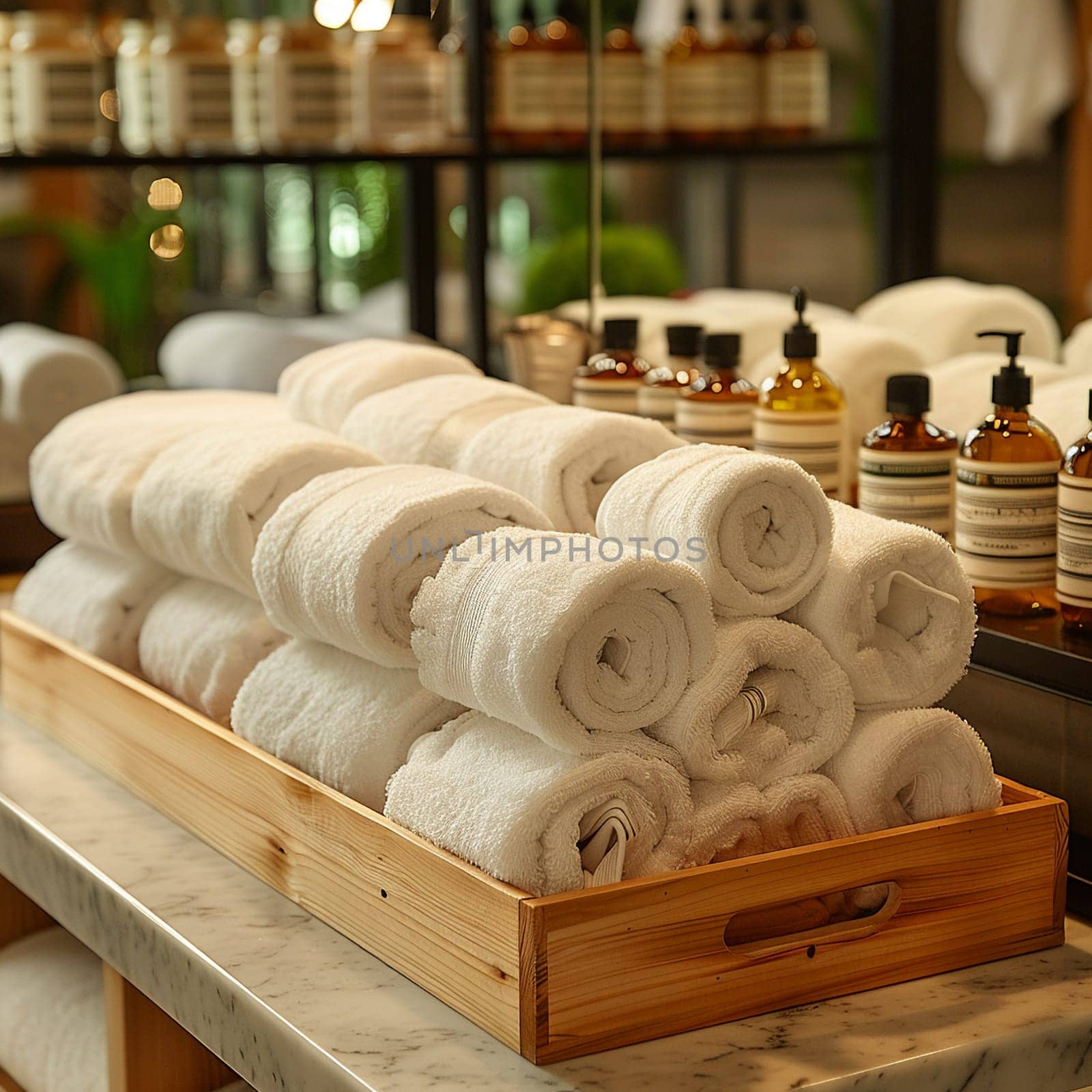 Neatly arranged set of rolled towels in spa, denoting luxury and relaxation.