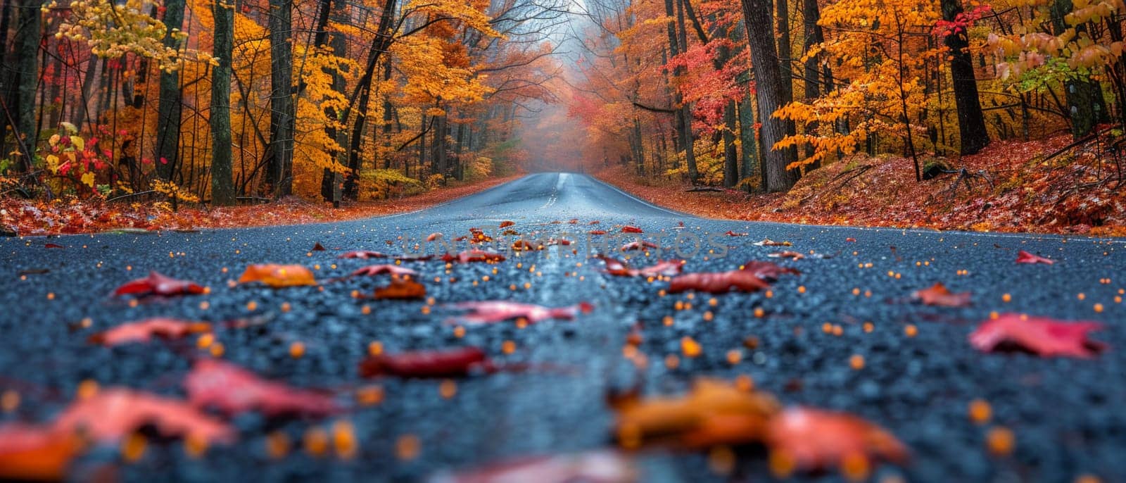 Scene of empty road leading through colorful autumn forest, suggesting travel and seasons.