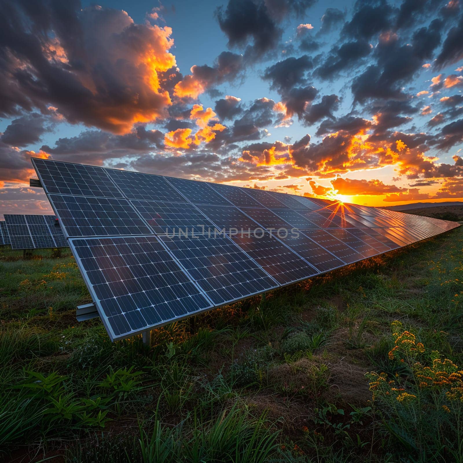 Array of solar panels, representing renewable energy and sustainability.