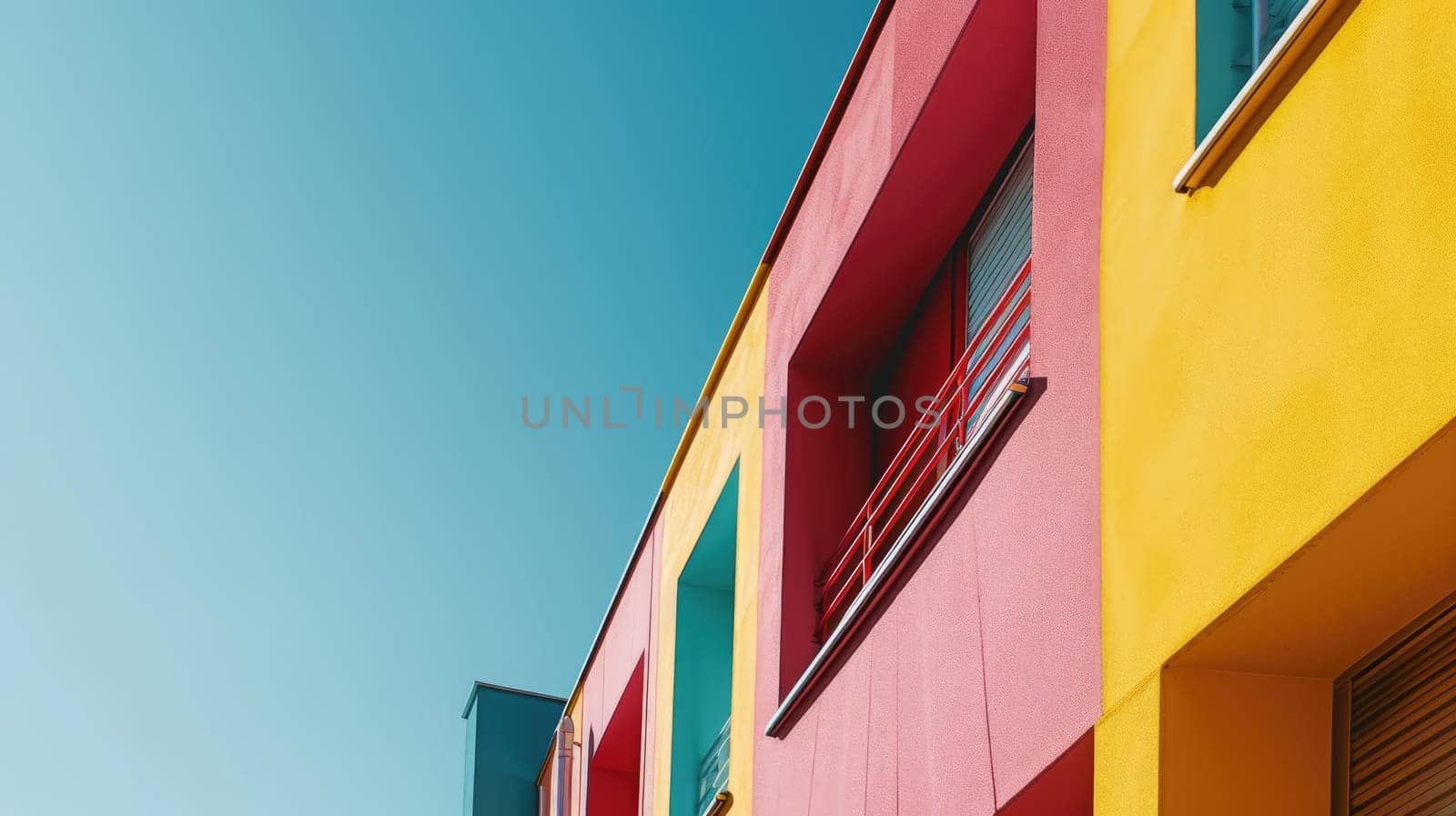 The colourful structure under the bright clear blue sky with the ray of light from brightest sun that cover most part of the building but even that the structure still left some the shadow. AIGX03.